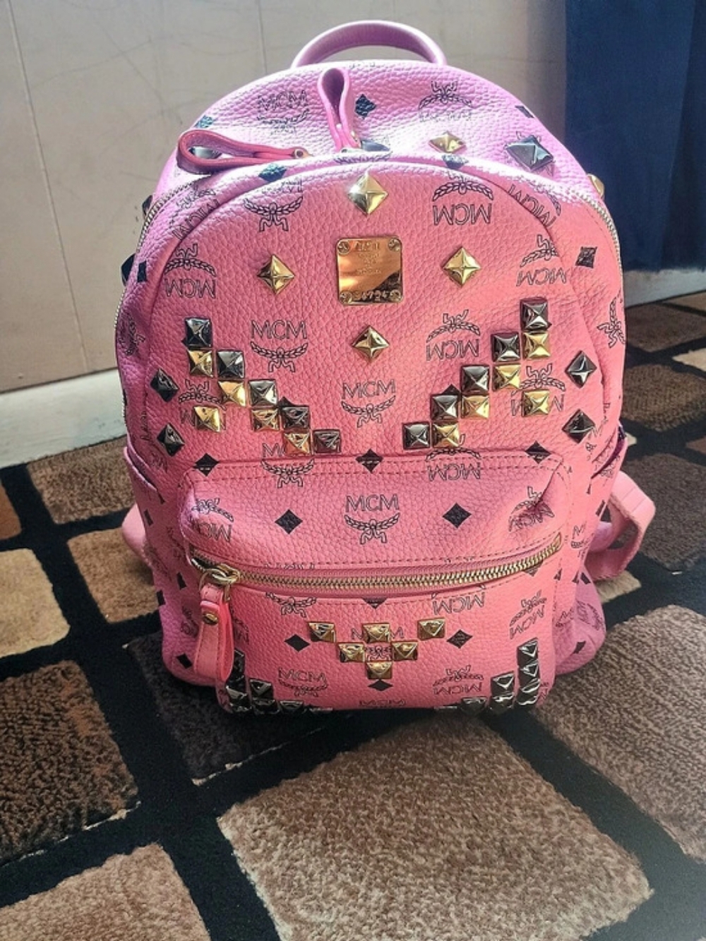 MCM Stark Side Studs Backpack in Visetos Pink